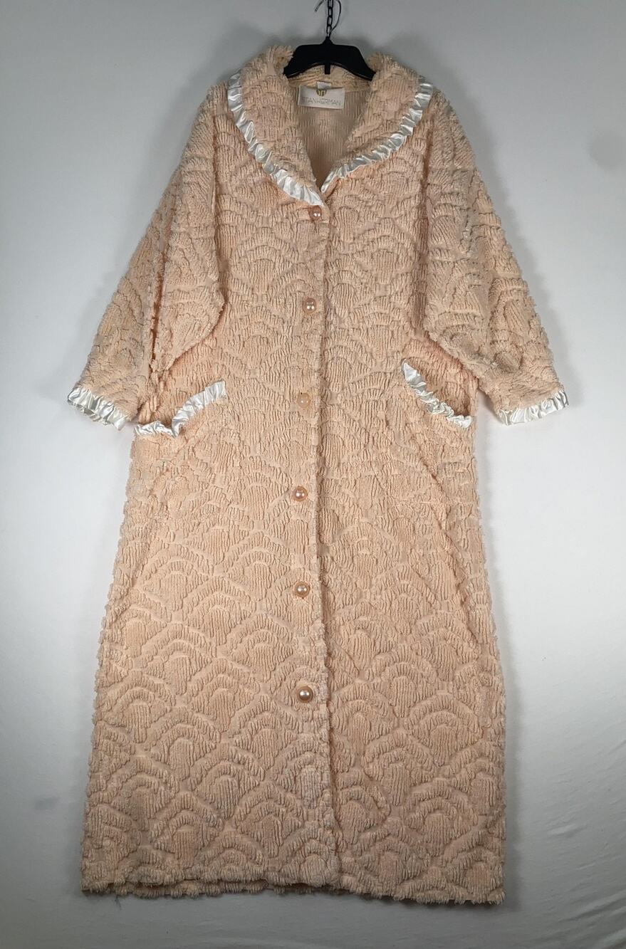 Vintage Stan Herman Robe Kaftan Womens Medium Pink Terry Ruffle Button USA